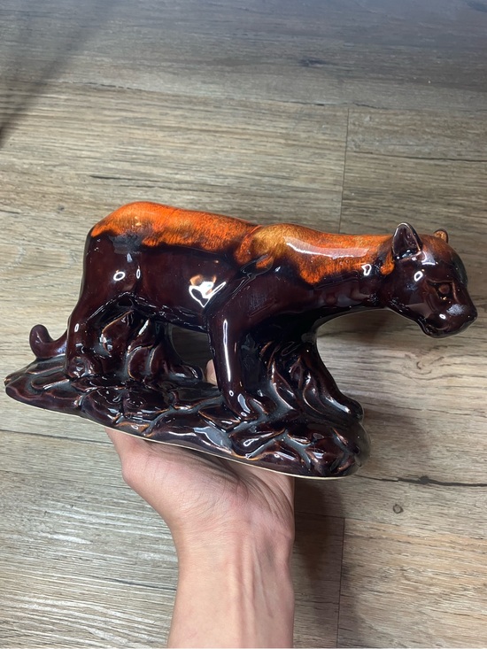 Blue Mountain Pottery Other - Vtg MCM Ceramic Cougar Panther Figurine Brown & Orange Drip Glaze Cat Figure